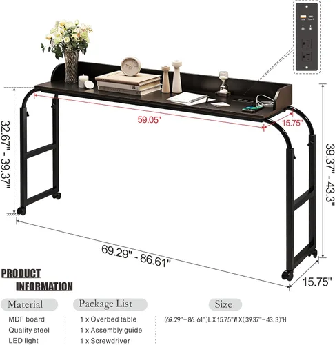 Vista 2 de HWB Mesa sobre cama con luces LED de sensor automático, mesa sobre cama con ruedas de altura ajustable con estación de carga, mesa auxiliar, mesa