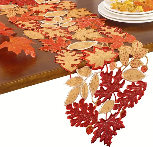 Vista 10 de GRANDDECO Camino de mesa de otoño para el día de Acción de Gracias, 13 x 68 pulgadas con hojas de arce para otoño, cena familiar, decoración