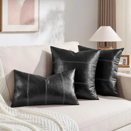 Vista 6 de Fancy Homi - Paquete de 2 fundas de almohada decorativas negras estilo boho de cuero sintético de 16 x 16 pulgadas para sala de estar, sofá, cama