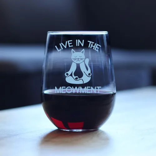 Vista 3 de Custom Live In The Meowment - Personalized Stemless Wine Glass - Funny Cat Gifts and Meditation Themed Decor - Large 17 Oz Glasses - Customized Wine
