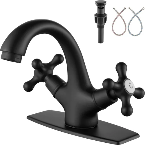 Vista 10 de Aolemi Grifo de lavabo de baño de un solo agujero, frío y caliente, doble mango, pomos cruzados, lavabo mezclador con placa de cubierta con drenaje