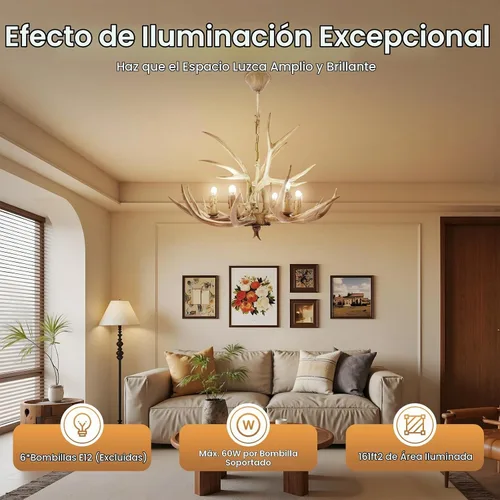 Vista 2 de TFCFL Candelabro de Astas, Lámpara Colgante de 6 Astas Estilo Rústico Retro Candelabro de Cuerno de Ciervo con Base E12, Lámpara de Astas con Altura