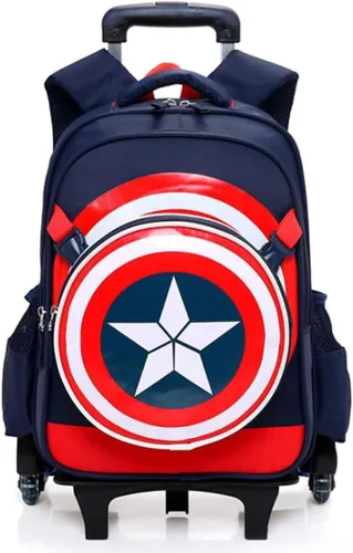 Vista 2 de Mochila escolar ligera para niños y niñas, escudo de superhéroe desmontable dos en uno, mochila rodante con seis ruedas, Azul Marino, misma
