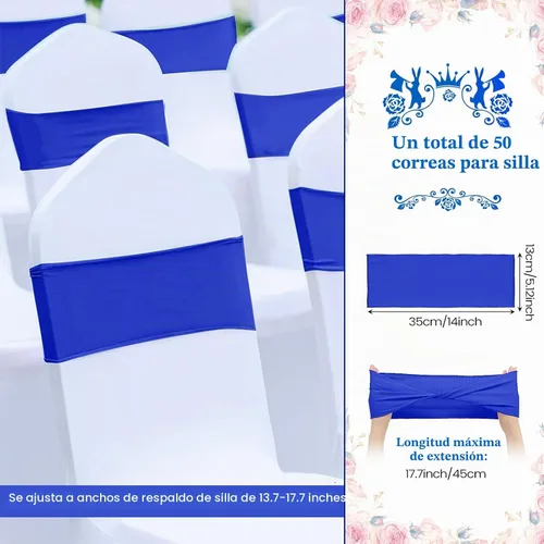 Vista 2 de Kinlop 50 Piezas Bandas de Spandex para Sillas Lazos Bandas para Sillas Bandas Deslizantes para Fundas Bandas Elásticas Lazos Sin Hebilla Azul