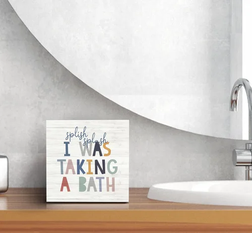 Vista 5 de SRADMO Caja de madera con texto en inglés "Splish Splash I Was Taking a Bath" para decoración de escritorio, divertida caja de bloques de madera