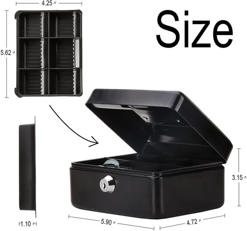 Vista 3 de Decaller - Caja de dinero pequeña con cerradura de llave, caja de dinero de metal portátil con doble capa y 2 llaves para seguridad, negro, 6 x 4