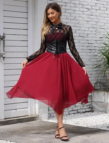 Vista 3 de IWEMEK Vestido gótico steampunk para mujer con corsé, encaje floral, vestido de cóctel con vuelo, pañuelo, vestido punk de vapor para Halloween