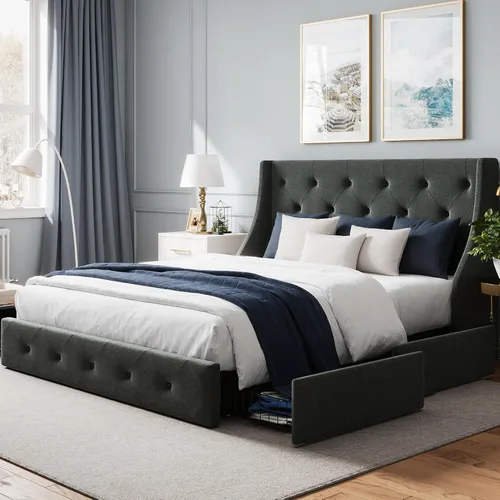Vista 3 de WEEWAY Base de cama tapizada de tamaño matrimonial con 4 cajones de almacenamiento y cabecera con respaldo de ala, diseño capitoné, no necesita