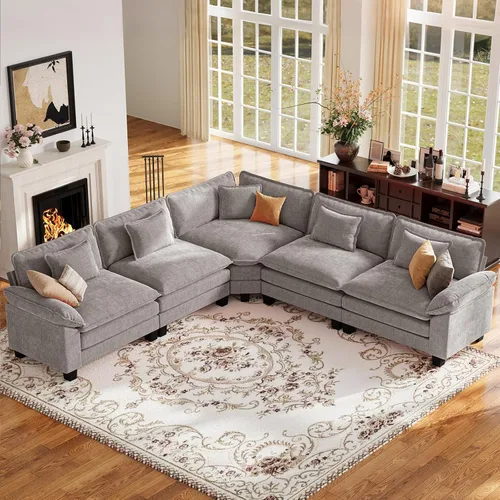 Vista 79 de Sofá modular de gran tamaño de 154 pulgadas, cómodo sofá en forma de U con 3 otomanas móviles, sofá moderno de felpilla de 7 plazas para sala