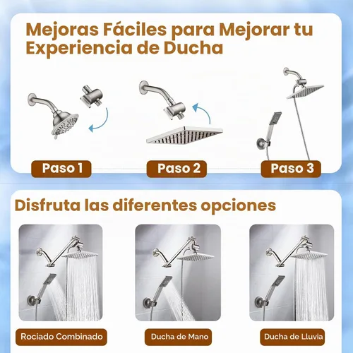 Vista 2 de BRIGHT SHOWERS Cabezal de ducha de lluvia con rociador de mano, juego de cabezal de ducha de lluvia de 8 pulgadas con manguera de 60 pulgadas, juego