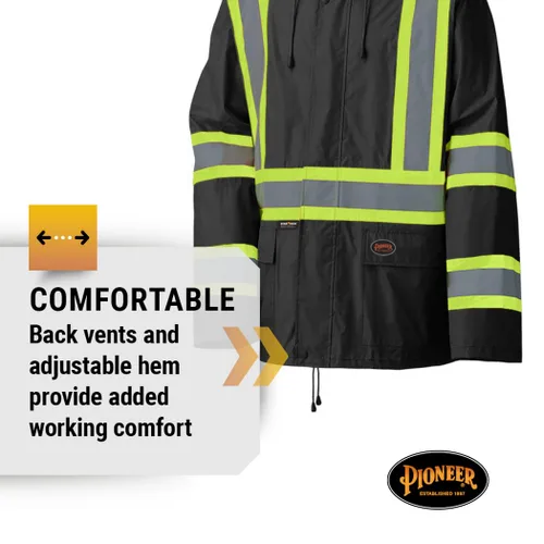 Vista 4 de Pioneer - Traje de lluvia de seguridad impermeable, ligero y de alta visibilidad, ropa de trabajo reflectante para lluvia, para adultos