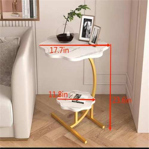 Vista 8 de Mesa auxiliar pequeña en forma de C con textura de mármol en forma de flor de 2 capas, mesa auxiliar para sofá, mesita de noche para sala de estar