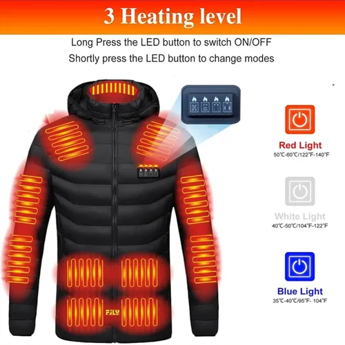 Vista 2 de Chaqueta térmica para hombres y mujeres, abrigo térmico con capucha, chaquetas cálidas, resistentes al viento, carga USB, calentador de cuerpo, 21