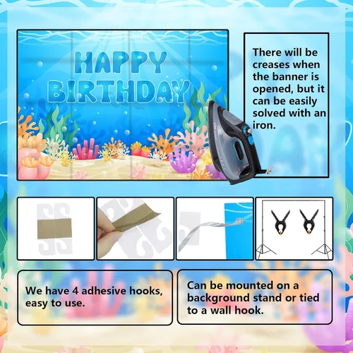 Vista 4 de Cartel de feliz cumpleaños bajo el mar, telón de fondo de animales del océano bajo el mar, decoración temática para niños y niñas, fiesta de primer