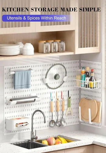 Vista 5 de Set de Organizador de Pared con Tablero de Clavijas – 4 Tableros con Ganchos y Estantes – Organizador de Escritorio para Oficina, Cocina, Sala