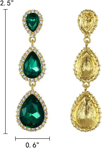Vista 7 de EleQueen Pendientes de cristal austriaco en tono dorado para mujer, forma de pera de 2.5 pulgadas, color esmeralda