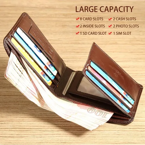 Vista 3 de Cuero de vaca auténtico cartera de lujo para hombre, de lujo, original, de tres pliegues, primera capa, de piel vacuna, horizontal, moda, Café