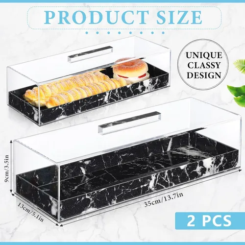 Vista 2 de Dandat 2 piezas Bandeja rectangular de servicio con tapa, mármol gris y negro granulado, soporte rectangular para pastel acrílico, soporte