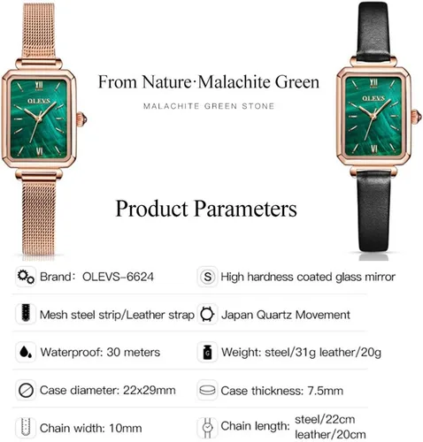 Vista 3 de Reloj OLEVS para mujer de estilo retro, forma cuadrada, reloj con piedra de color verde, cuadrado, reloj de cuarzo analógico, dorado para chica