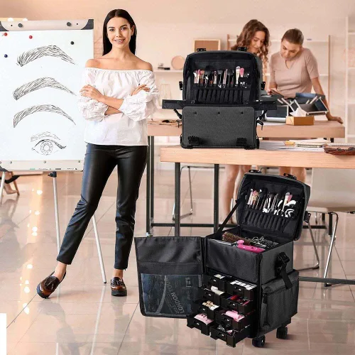 Vista 7 de Estuche con rueditas AW 2 en 1 para maquillaje, ligero, color negro, de tela oxford, 15x11x25 pulgadas, bolsa para cosméticos con cajones