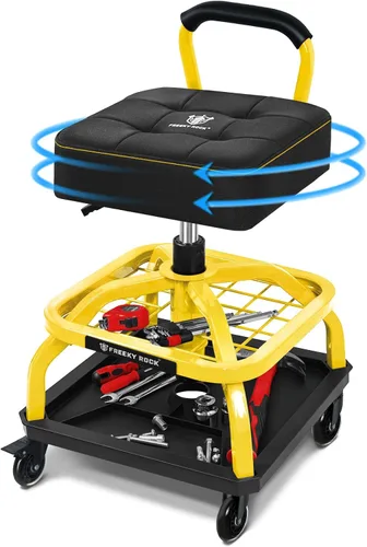 Vista 12 de Rolling Shop Taburete con ruedas, silla de taller mecánico de garaje con respaldo de asa, taburete de trabajo de altura ajustable, asiento