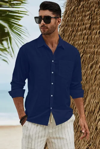 Vista 4 de JMIERR Camisa de vestir de manga larga con botones y lino de algodón para hombre