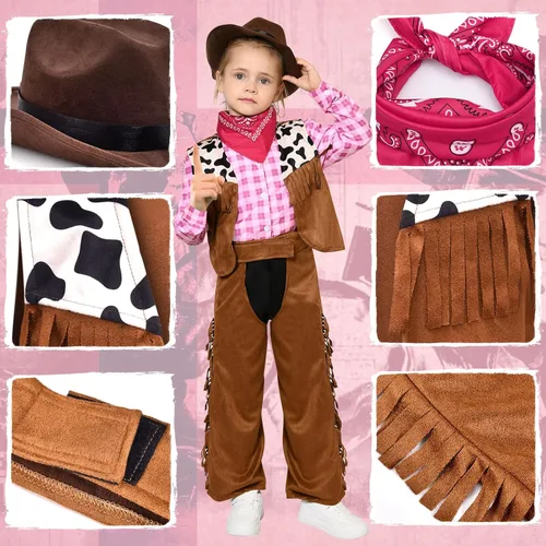 Vista 4 de Tacobear Disfraz de vaquera para niñas, sombrero occidental rosa, bandana, trajes de Halloween, juego de rol, cosplay de vaquero para niños