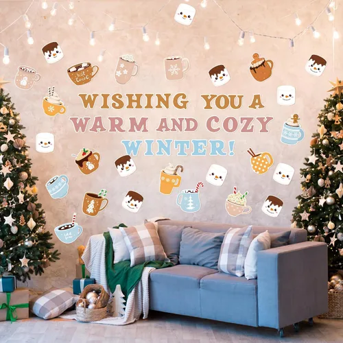 Vista 4 de Tableros de Anuncios de Navidad e Invierno - 115Pcs Set de Diseño de Taza de Cacao de Invierno con Puntos de Pegamento, Cartulina Duradera y Taza