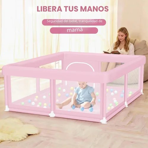 Vista 2 de Hiaksedt Corralito, cerca para bebés y niños pequeños, para interiores y exteriores, con malla transpirable anticaídas (color rosa) Estructura