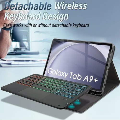 Vista 3 de Funda con teclado retroiluminado con panel táctil para Samsung Galaxy Tab A9 Plus de 11 pulgadas versión 2023, teclado inalámbrico retroiluminado