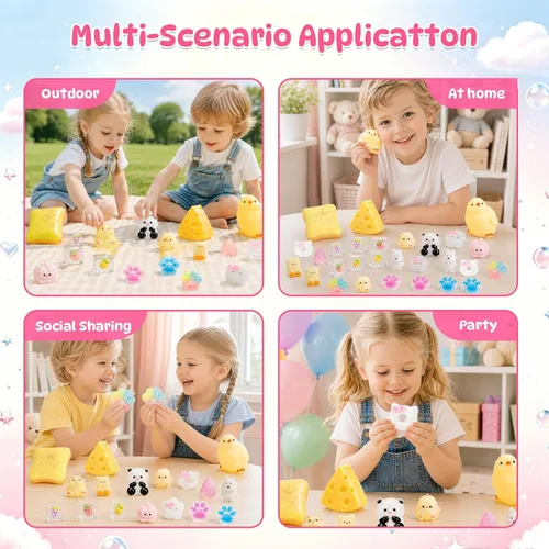 Vista 9 de Paquete de 33 juguetes esponjosos, coloridos juguetes esponjosos con bonita caja de juguetes para fiestas, mini animales esponjosos, alivio