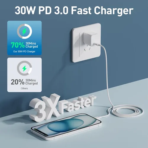 Vista 3 de Cargador para iPhone 15, 16, 17, carga rápida, cable de carga USB C de 6.6 pies de largo con bloque de carga rápida de teléfono tipo C de 30 W