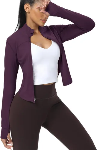 Vista 63 de AVGO Chaquetas de entrenamiento recortadas para mujer, con cremallera, ajustadas, atléticas, con agujeros para el pulgar