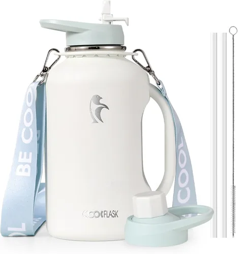 Vista 12 de Coolflask - Botella de agua aislada de 64 onzas, jarra de agua de medio galón con asa, popote de acero inoxidable, doble pared, de metal al vacío