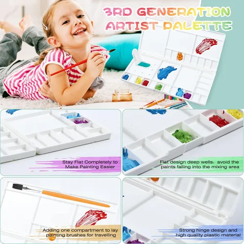 Vista 4 de Junreox Paleta de acuarela, paleta de acuarela grande con 24 pozos y 5 áreas de mezcla, paleta de pintura premium con tapa, bandeja de pintura