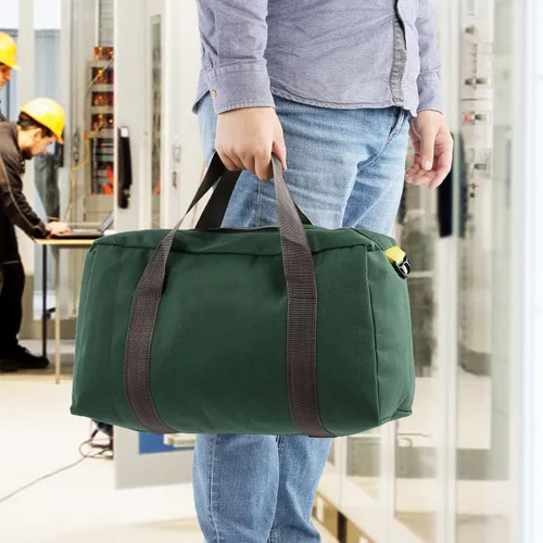 Vista 4 de Bolsa de herramientas portátil de lona de boca ancha de gran capacidad, bolsa de herramientas de mano con cremallera extra larga, bolsa