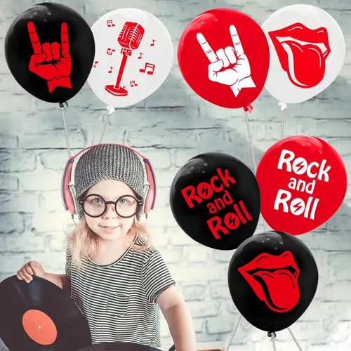 Vista 6 de 60 globos de látex Rock and Roll para decoración de fiesta de los años 80 y 90, suministros de fiesta de músico, guitarra, rap, cumpleaños, baby