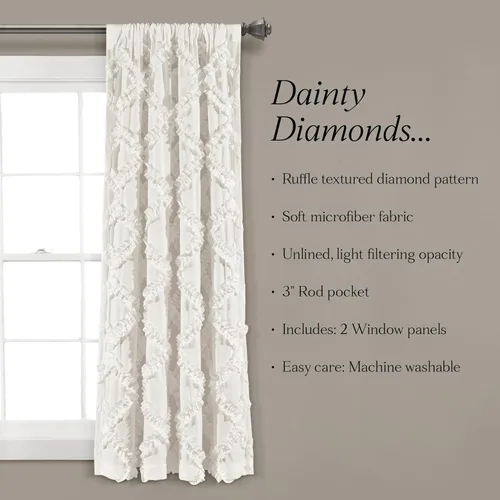 Vista 6 de Lush Decor Par de paneles de cortinas para ventana con volantes de diamante, 63 x 54 pulgadas, blanco