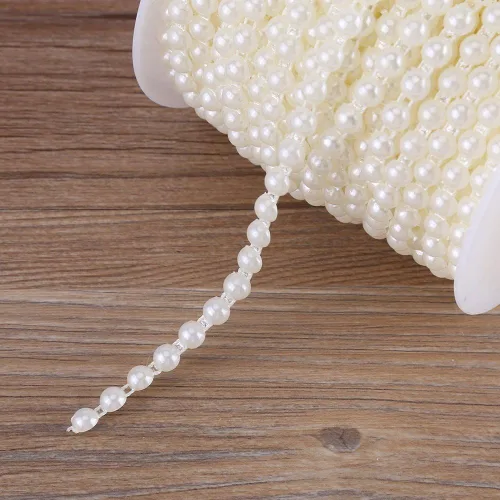 Vista 3 de 25M/rollo elegante doble línea de algodón imitación perlas perlas cadena guirnalda para boda fiesta de Navidad (beige)