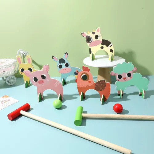 Vista 9 de TOYANDONA Juego de croquet para niños, juego de croquet de animales de madera de dibujos animados, divertidos juegos de césped para niños y niñas