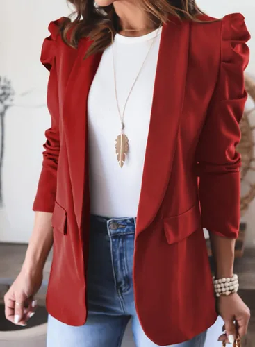 Vista 4 de Happy Sailed Blazers de mujer con frente abierto, manga abombada, chaqueta de oficina, chaqueta casual para trabajo con bolsillos