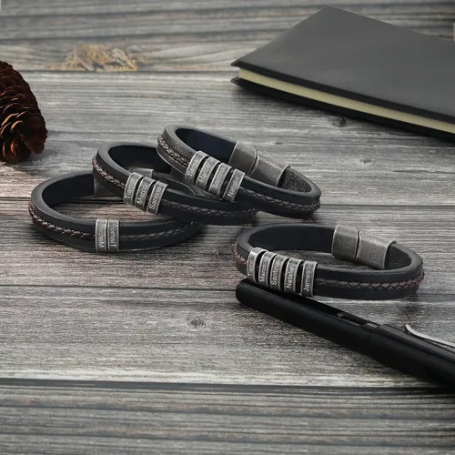 Vista 4 de Pulseras personalizadas con nombre para hombre, pulsera de cuero para hombre con 2-5 nombres de niños, regalos personalizados para papá, esposo, hijo