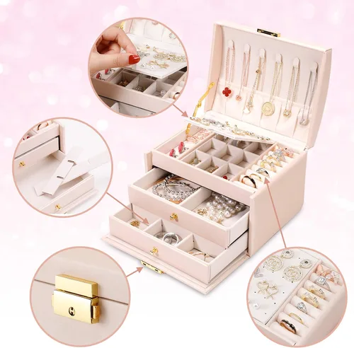 Vista 3 de DEZZIE Joyero para mujer piel sintética para personas mayores caja de almacenamiento de joyas de tamaño mediano de 3 capas con cerradura Estuche