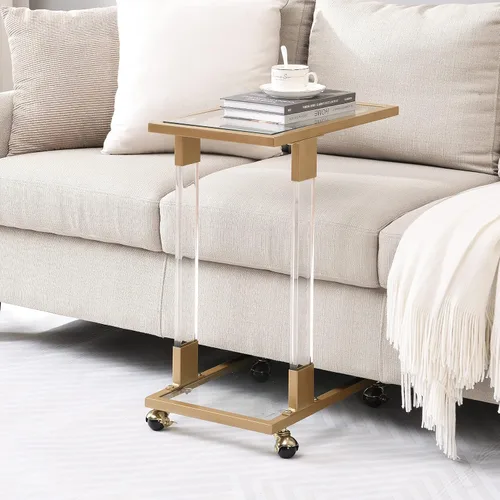 Vista 2 de Mesa auxiliar dorada para sofá con forma de C, mesa de centro de acrílico móvil con ruedas pequeñas de cristal con estantes de 2 niveles