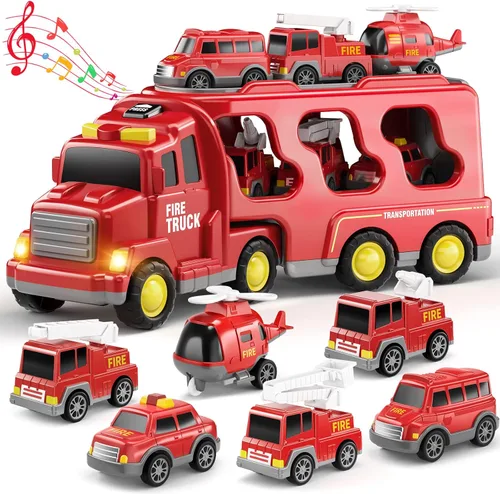 Vista 15 de Juego de Juguetes de Ambulancia para Niños Pequeños de 1-3 y 3-5 años, Juego de Camión Transportador con Coches de Juguete, Luz y Sonido, Juguetes