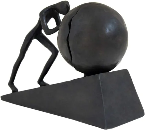 Vista 3 de Briskfeel Estatua de hierro de hombre con esfera, escultura de Sísifo de metal, decoración para el hogar y la oficina (B2 fuerte)