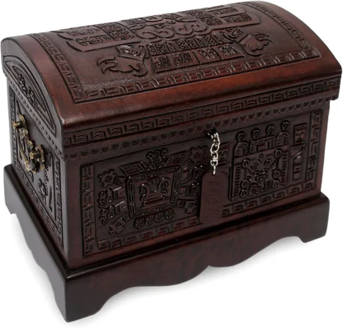 Vista 9 de NOVICA Caja de joyería de madera y cuero labrado Mohena con temática colonial, legado colonial