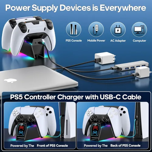 Vista 3 de PS5 Controller Charger Station Compatible with PlayStation 5 Faceplates Edge & Dual Controller, 9 Lightings PS5 Accessories Charging Station, PS 5