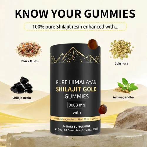 Vista 5 de Gomitas Shilajit del Himalaya de 3000 mg de oro para hombres y mujeres, orgánicas y naturales con más de 85 minerales esenciales y ácido fúlvico