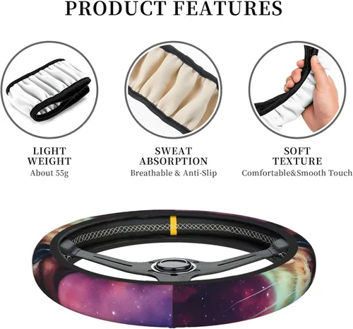 Vista 4 de Funda elástica para volante de automóvil con estampado de gato Galaxy de 15 pulgadas, protector de volante antideslizante, accesorios universales
